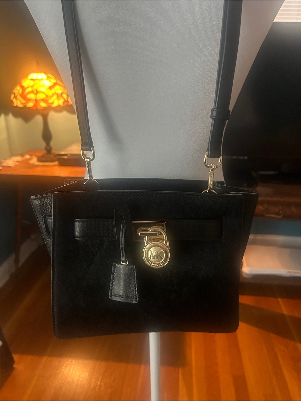 Michael Kors Black Pebbled Leather Satchel with Gold-Tone Padlock
